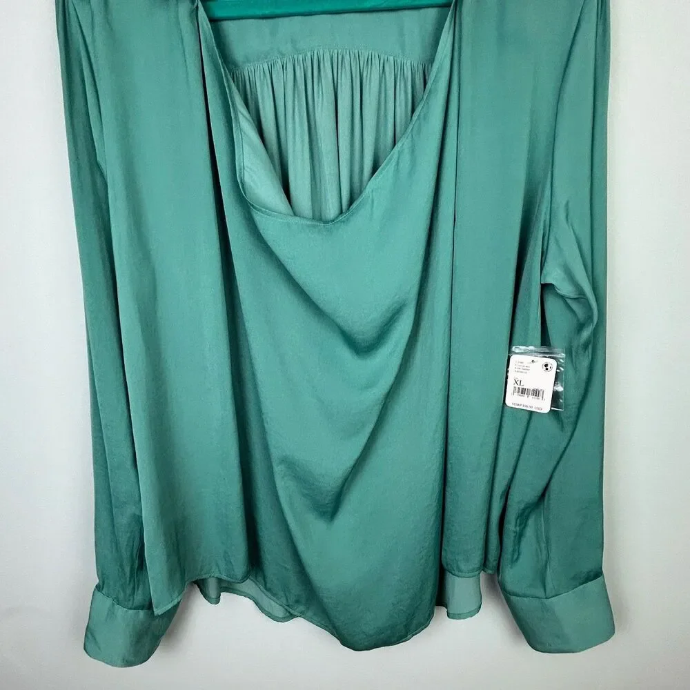 NWT Free People Shine Bright Cowl Top Collared Drape Blouse Vert de Mer Green XL
